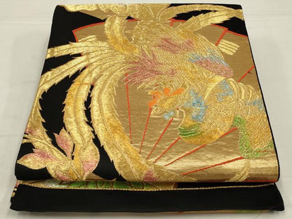 平和屋着物◎六通柄袋帯　唐織　扇面鳳凰花文　黒地　金銀糸　正絹　逸品　AABM0288ou