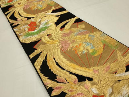 平和屋着物◎六通柄袋帯　唐織　扇面鳳凰花文　黒地　金銀糸　正絹　逸品　AABM0288ou