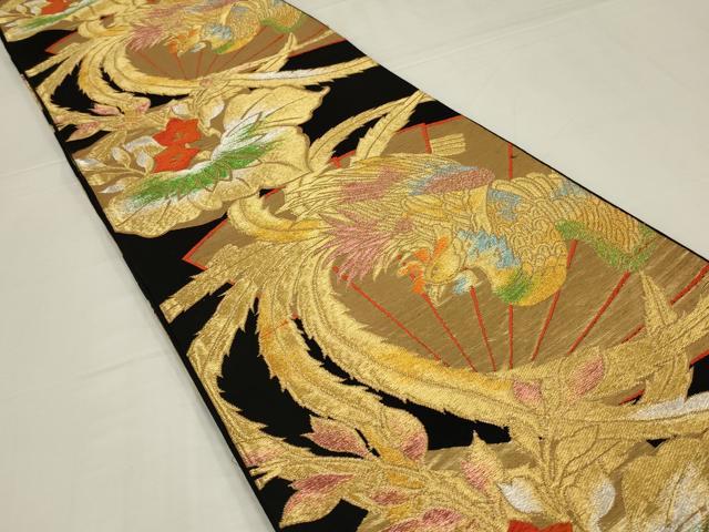 平和屋着物◎六通柄袋帯　唐織　扇面鳳凰花文　黒地　金銀糸　正絹　逸品　AABM0288ou