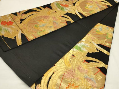 平和屋着物◎六通柄袋帯　唐織　扇面鳳凰花文　黒地　金銀糸　正絹　逸品　AABM0288ou