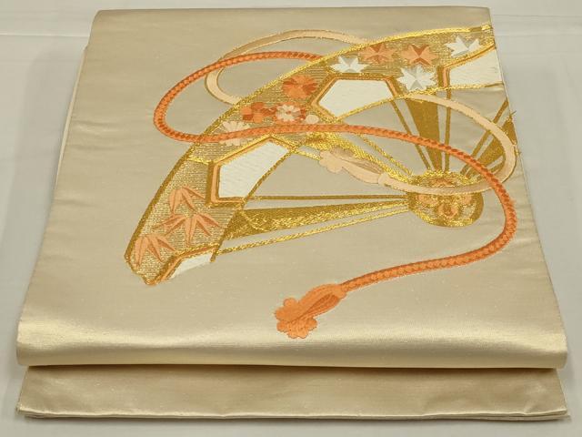 平和屋着物◎太鼓柄袋帯　駒刺繍　片輪車花文　金糸　正絹　逸品　AABM0293ou