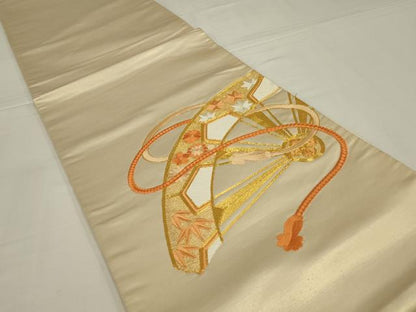 平和屋着物◎太鼓柄袋帯　駒刺繍　片輪車花文　金糸　正絹　逸品　AABM0293ou