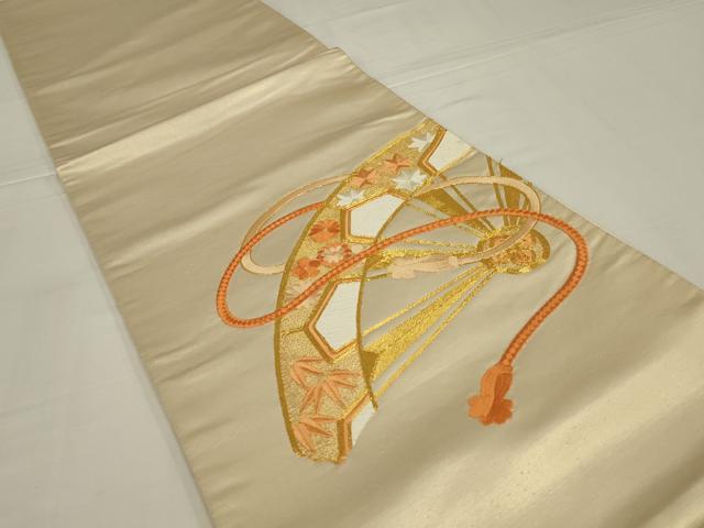 平和屋着物◎太鼓柄袋帯　駒刺繍　片輪車花文　金糸　正絹　逸品　AABM0293ou