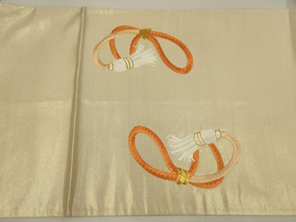 平和屋着物◎太鼓柄袋帯　駒刺繍　片輪車花文　金糸　正絹　逸品　AABM0293ou