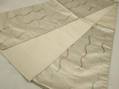 平和屋着物◎六通柄袋帯　幾何学文　銀糸　正絹　逸品　AABM0302ou