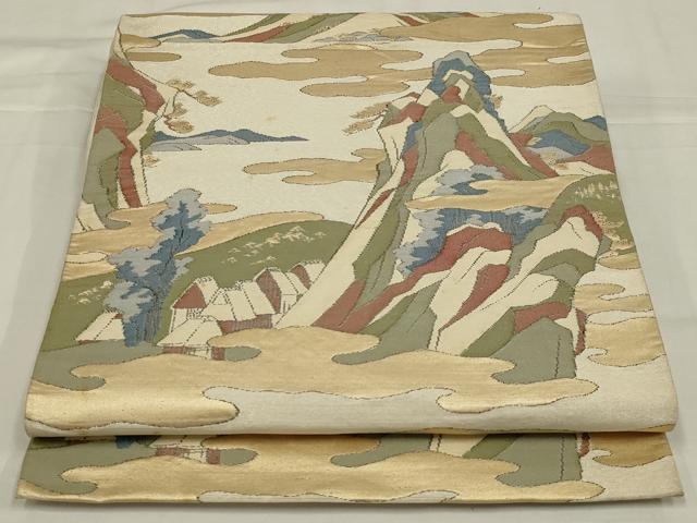 平和屋着物◎六通柄袋帯　霞風景文　金糸　正絹　逸品　AABM0315ou