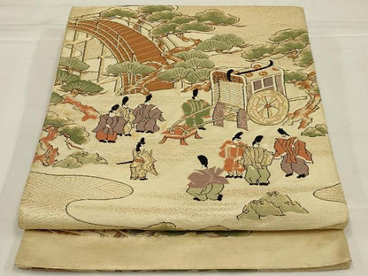 平和屋着物◎六通柄袋帯　唐織　渡橋人物風景文　金糸　正絹　逸品　AABM0317ou