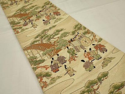 平和屋着物◎六通柄袋帯　唐織　渡橋人物風景文　金糸　正絹　逸品　AABM0317ou