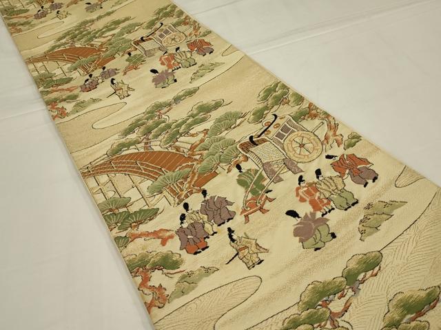 平和屋着物◎六通柄袋帯　唐織　渡橋人物風景文　金糸　正絹　逸品　AABM0317ou