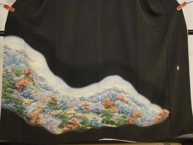 平和屋着物■豪華黒留袖　作家物　手描き　風景文　暈し染め　金彩　正絹　逸品　AABM0502ja