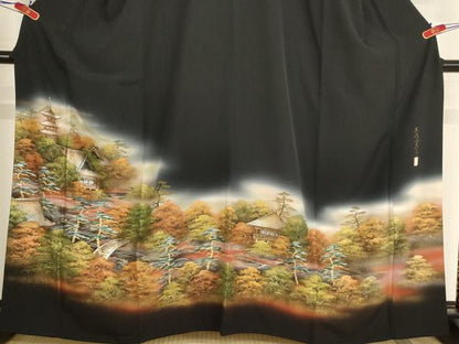 平和屋着物■豪華黒留袖　作家物　手描き　風景文　暈し染め　金彩　正絹　逸品　AABM0505ja