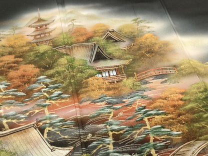 平和屋着物■豪華黒留袖　作家物　手描き　風景文　暈し染め　金彩　正絹　逸品　AABM0505ja