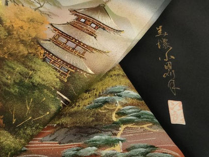 平和屋着物■豪華黒留袖　作家物　手描き　風景文　暈し染め　金彩　正絹　逸品　AABM0505ja