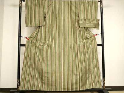 平和屋着物■上質な小紋　紬地　ろうけつ染　縞　反端付き　正絹　逸品　AABM0509ja