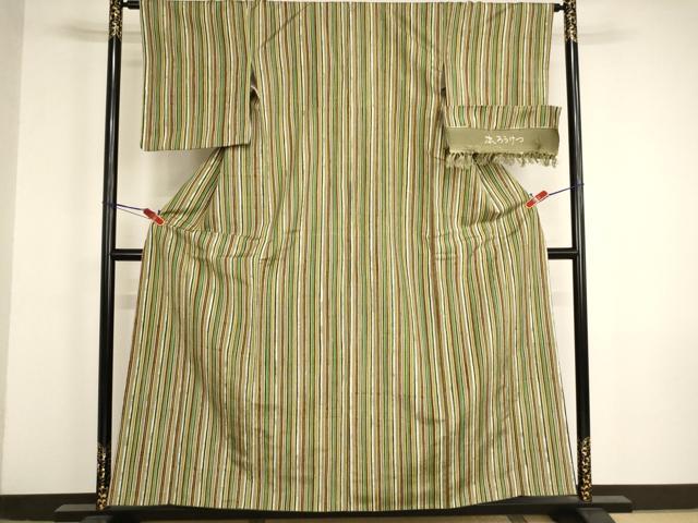 平和屋着物■上質な小紋　紬地　ろうけつ染　縞　反端付き　正絹　逸品　AABM0509ja