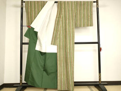 平和屋着物■上質な小紋　紬地　ろうけつ染　縞　反端付き　正絹　逸品　AABM0509ja