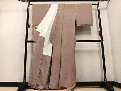 平和屋着物●信州ぜんまい紬　色無地　白茶色　証紙付き　正絹　逸品　AABM0650ph
