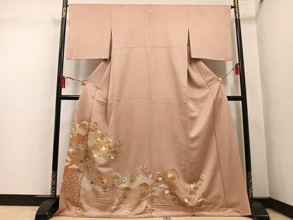 平和屋着物●豪華色留袖　駒刺繍　扇面草花文　金彩　正絹　逸品　AABM0657ph