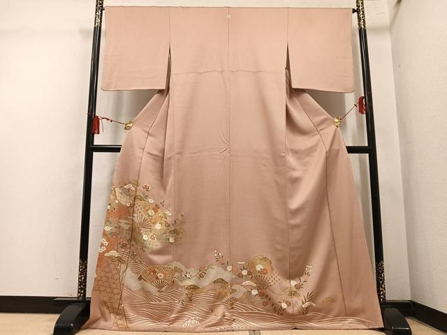平和屋着物●豪華色留袖　駒刺繍　扇面草花文　金彩　正絹　逸品　AABM0657ph