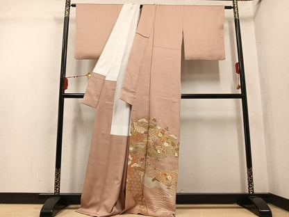 平和屋着物●豪華色留袖　駒刺繍　扇面草花文　金彩　正絹　逸品　AABM0657ph