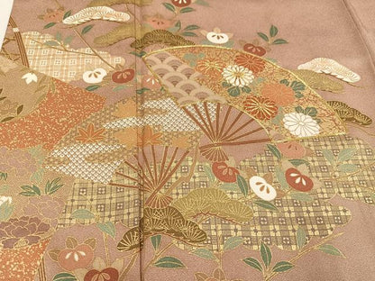 平和屋着物●豪華色留袖　駒刺繍　扇面草花文　金彩　正絹　逸品　AABM0657ph
