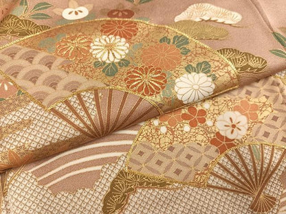 平和屋着物●豪華色留袖　駒刺繍　扇面草花文　金彩　正絹　逸品　AABM0657ph