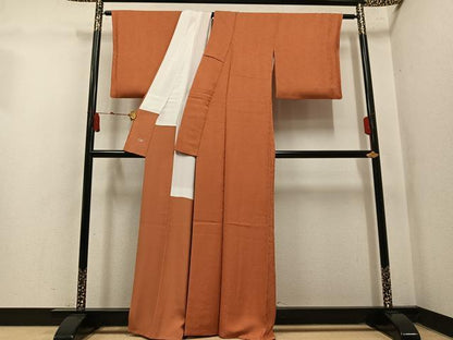 平和屋着物●上質な色無地　赤朽葉色　三越扱い　正絹　逸品　AABM0661ph