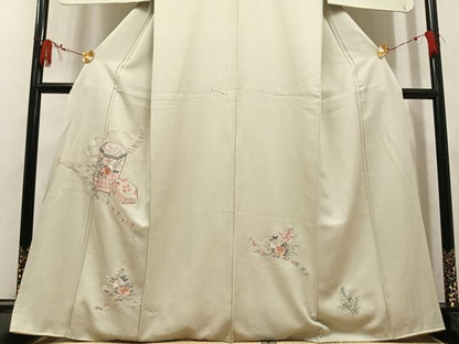 平和屋着物●訪問着　駒刺繍　貝桶草花文　正絹　逸品　AABM0666ph