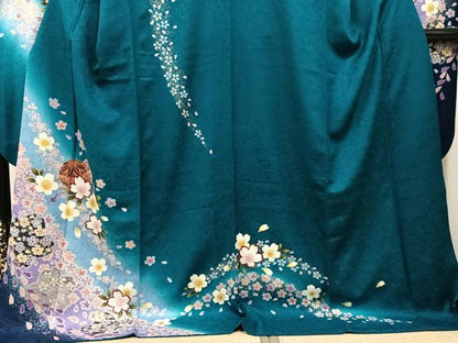平和屋着物●豪華振袖　舞桜文　暈し染め　金彩　京都きもの友禅扱い　ロング丈　正絹　逸品　AABM0673ph