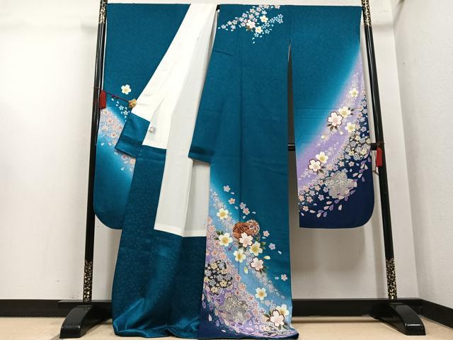平和屋着物●豪華振袖　舞桜文　暈し染め　金彩　京都きもの友禅扱い　ロング丈　正絹　逸品　AABM0673ph