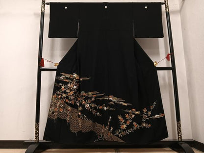 平和屋着物●豪華黒留袖　総刺繍　草花文　金糸　正絹　逸品　AABM0680ph