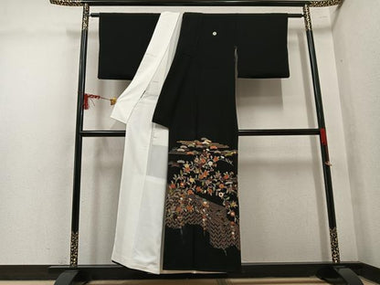 平和屋着物●豪華黒留袖　総刺繍　草花文　金糸　正絹　逸品　AABM0680ph