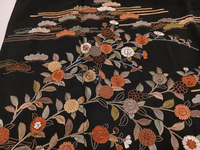 平和屋着物●豪華黒留袖　総刺繍　草花文　金糸　正絹　逸品　AABM0680ph