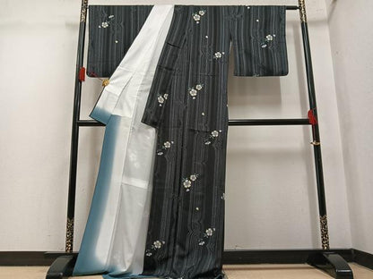 平和屋着物●小紋　花間道　黒地　洗える着物　AABM0712ph