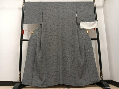 平和屋着物●保科土山　江戸小紋　地紙文　黒地　浜ちりめん　反端付き　正絹　逸品　AABM0714ph
