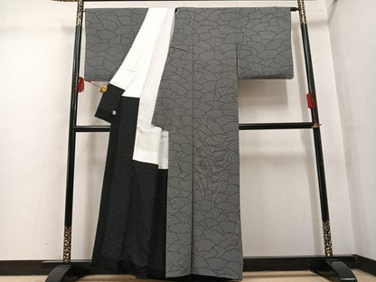 平和屋着物●保科土山　江戸小紋　地紙文　黒地　浜ちりめん　反端付き　正絹　逸品　AABM0714ph