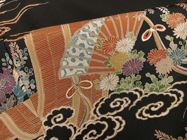 平和屋着物●豪華黒留袖　檜扇花楽器文　金彩　正絹　逸品　AABM0753ph
