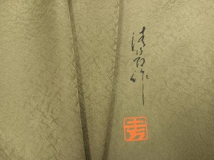 平和屋着物●上質な色無地　作家物　飛鳥地紋　油色　正絹　逸品　AABM0759ph