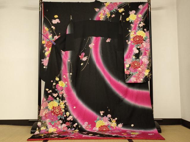 平和屋本店●お引きずり・お引き摺り・引き振袖 和装 結婚式 舞妓 芸妓 芸者 衣装 手描き 草花文 暈し染め 金彩 銀通し地 逸品 AABM0808fw