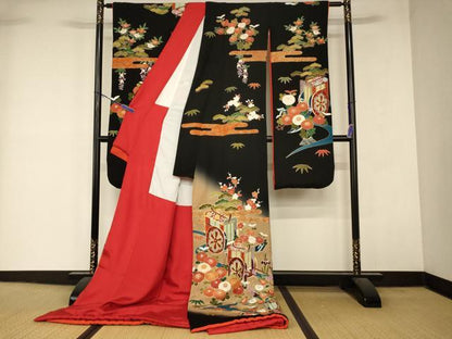 平和屋本店●お引きずり・お引き摺り・引き振袖 和装 結婚式 舞妓 芸妓 芸者 衣装 駒刺繍 御所車松竹梅文 金糸 金彩 逸品 AABM0811fw