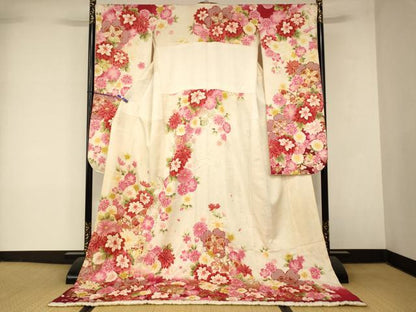 平和屋本店●お引きずり・お引き摺り・引き振袖　和装　結婚式　舞妓　芸妓　芸者　衣装　草花文　暈し染め　金糸　金彩　逸品　AABM0815fw
