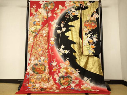 平和屋本店●錦翔 お引きずり・お引き摺り・引き振袖 和装 結婚式 舞妓 芸妓 芸者 衣装 駒刺繍 葵草花地紙文 梅 金彩 逸品 AABM0819fw