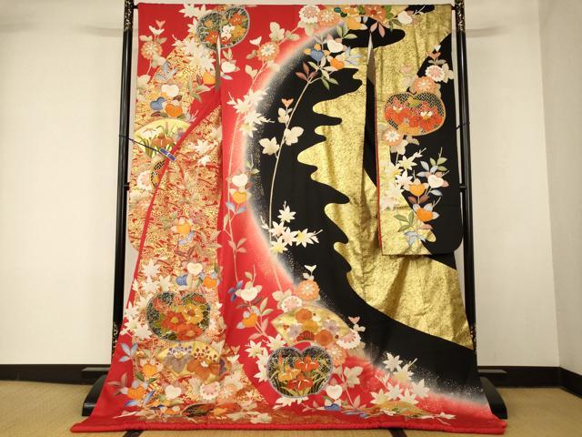 平和屋本店●錦翔 お引きずり・お引き摺り・引き振袖 和装 結婚式 舞妓 芸妓 芸者 衣装 駒刺繍 葵草花地紙文 梅 金彩 逸品 AABM0819fw