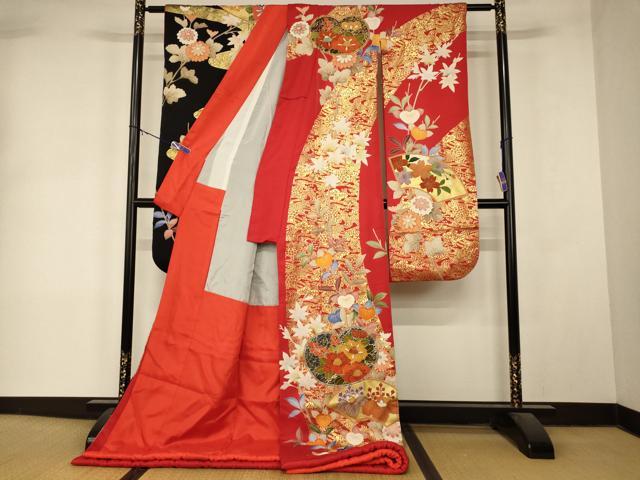 平和屋本店●錦翔 お引きずり・お引き摺り・引き振袖 和装 結婚式 舞妓 芸妓 芸者 衣装 駒刺繍 葵草花地紙文 梅 金彩 逸品 AABM0819fw