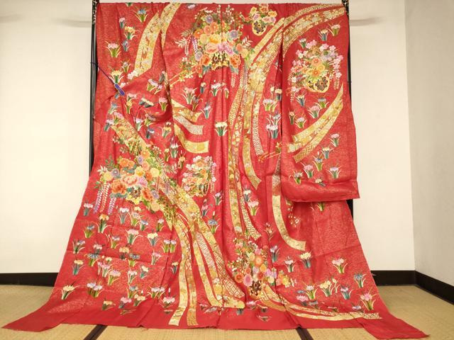 平和屋本店●中国三大刺繍 相良刺繍 色打掛 仮絵羽 和装 婚礼 結婚式 神社挙式 駒刺繍 花車吉祥熨斗文 金銀糸 金通し地 逸品 AABM0824fw