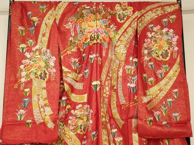 平和屋本店●中国三大刺繍 相良刺繍 色打掛 仮絵羽 和装 婚礼 結婚式 神社挙式 駒刺繍 花車吉祥熨斗文 金銀糸 金通し地 逸品 AABM0824fw