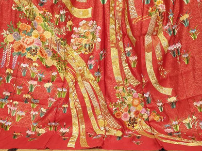 平和屋本店●中国三大刺繍 相良刺繍 色打掛 仮絵羽 和装 婚礼 結婚式 神社挙式 駒刺繍 花車吉祥熨斗文 金銀糸 金通し地 逸品 AABM0824fw