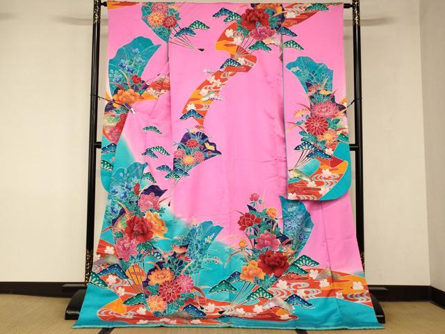 平和屋本店●お引きずり・お引き摺り・引き振袖　和装　結婚式　舞妓　芸妓　芸者　衣装　扇子草花松文　暈し染め　逸品　AABM0826fw