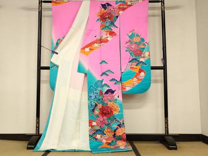 平和屋本店●お引きずり・お引き摺り・引き振袖　和装　結婚式　舞妓　芸妓　芸者　衣装　扇子草花松文　暈し染め　逸品　AABM0826fw
