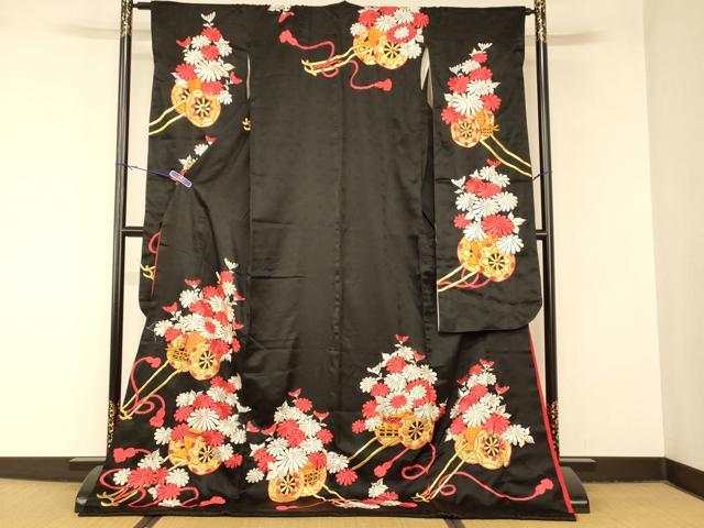 平和屋本店●お引きずり・お引き摺り・引き振袖 和装 結婚式 舞妓 芸妓 芸者 衣装 総刺繍 紐花車文 黒地 金銀糸 逸品 AABM0831fw